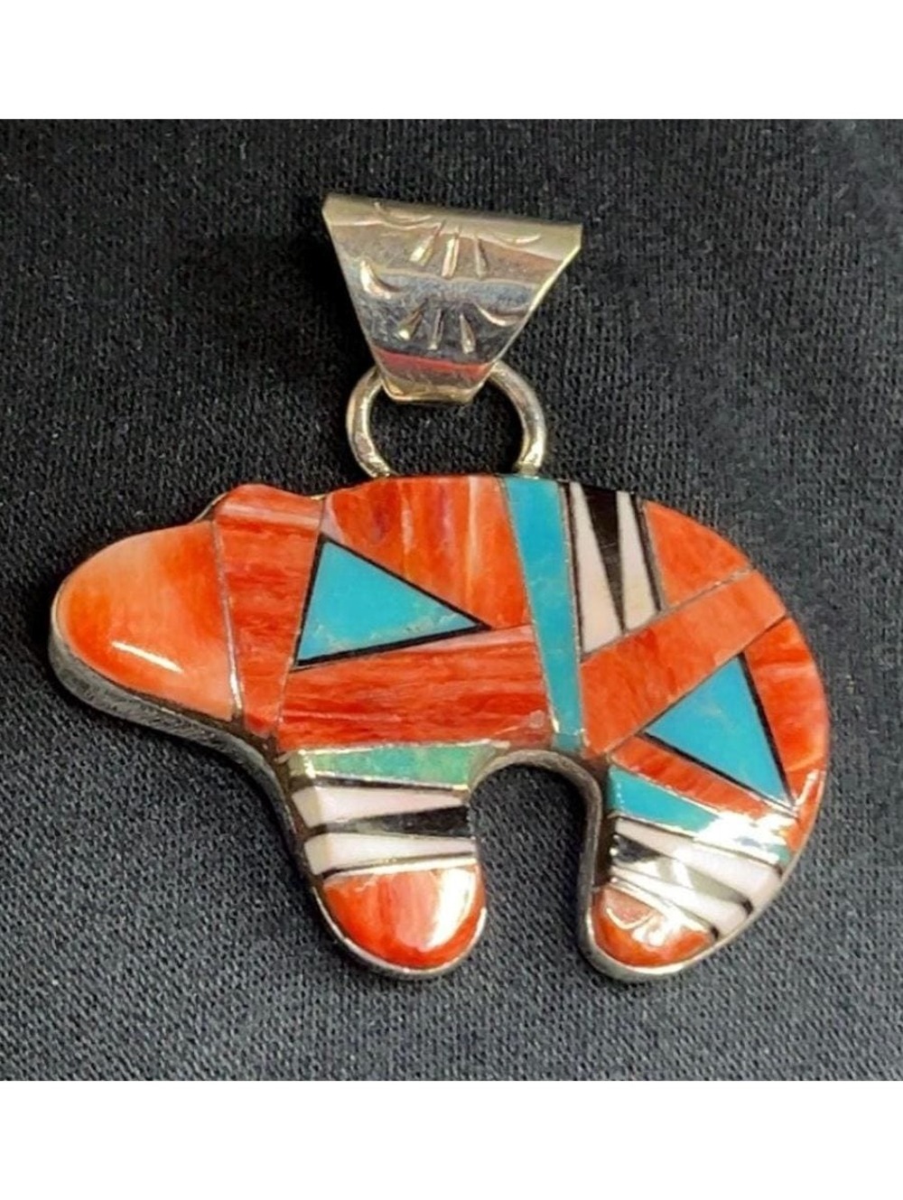 Navajo handmade sterling silver inlay turquoise bear pendant -Priscilla Lewis